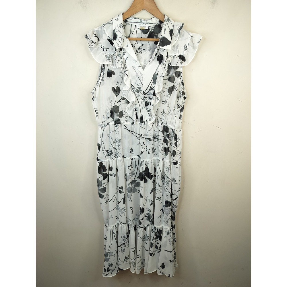 Calvin Klein Floral Chiffon Ruffled Dress 14 Sheer Romantic White Black